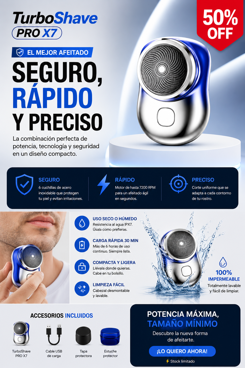 TurboShave PRO X7 Mini Afeitadora Recargable