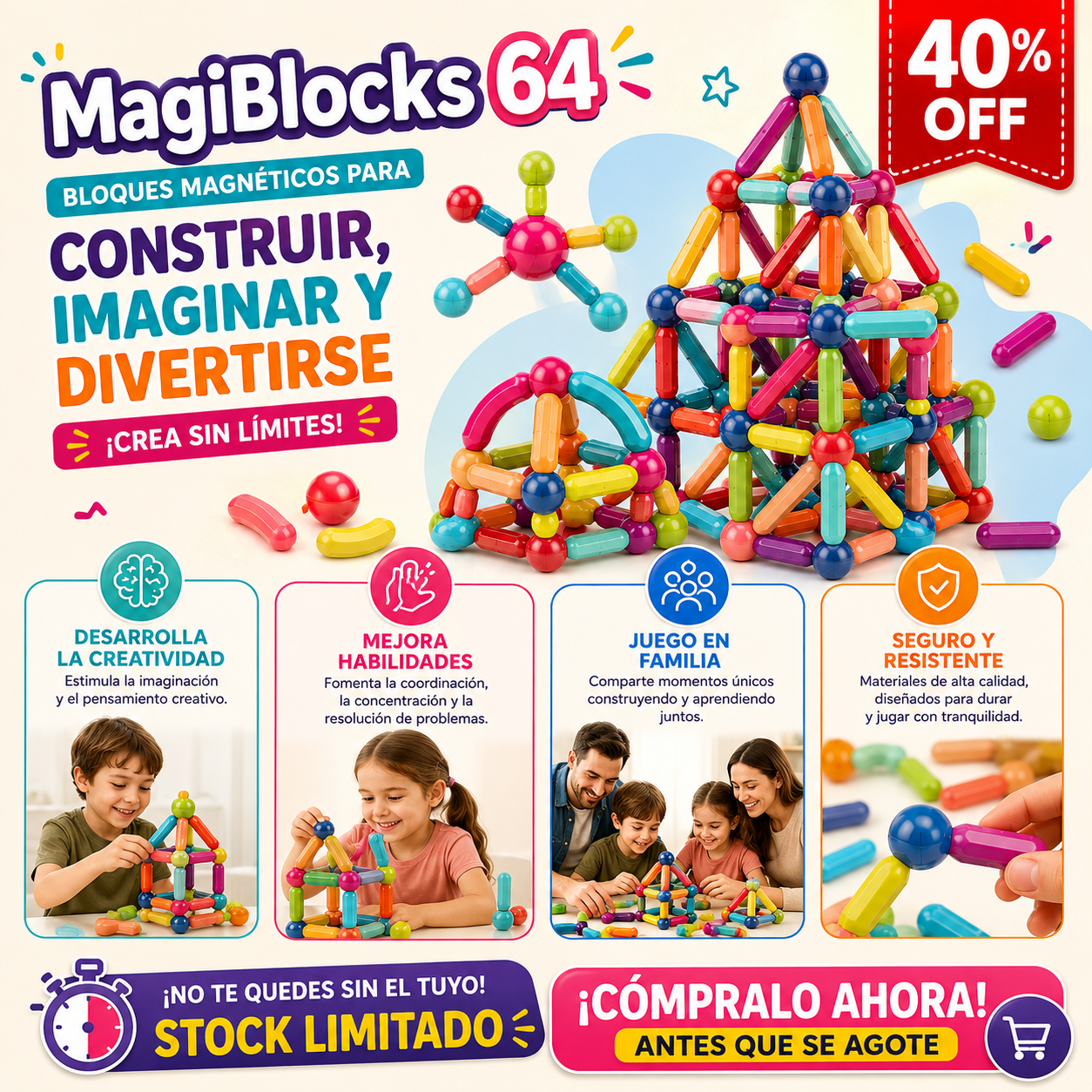 MagiBlocks 64 Bloques Magnéticos Educativos