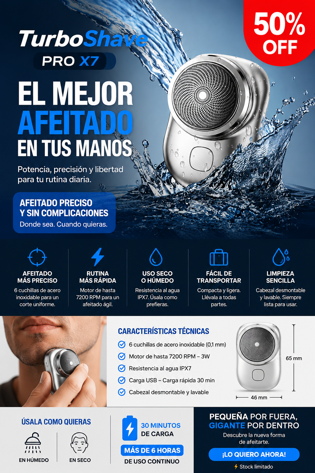 TurboShave PRO X7 Mini Afeitadora Recargable