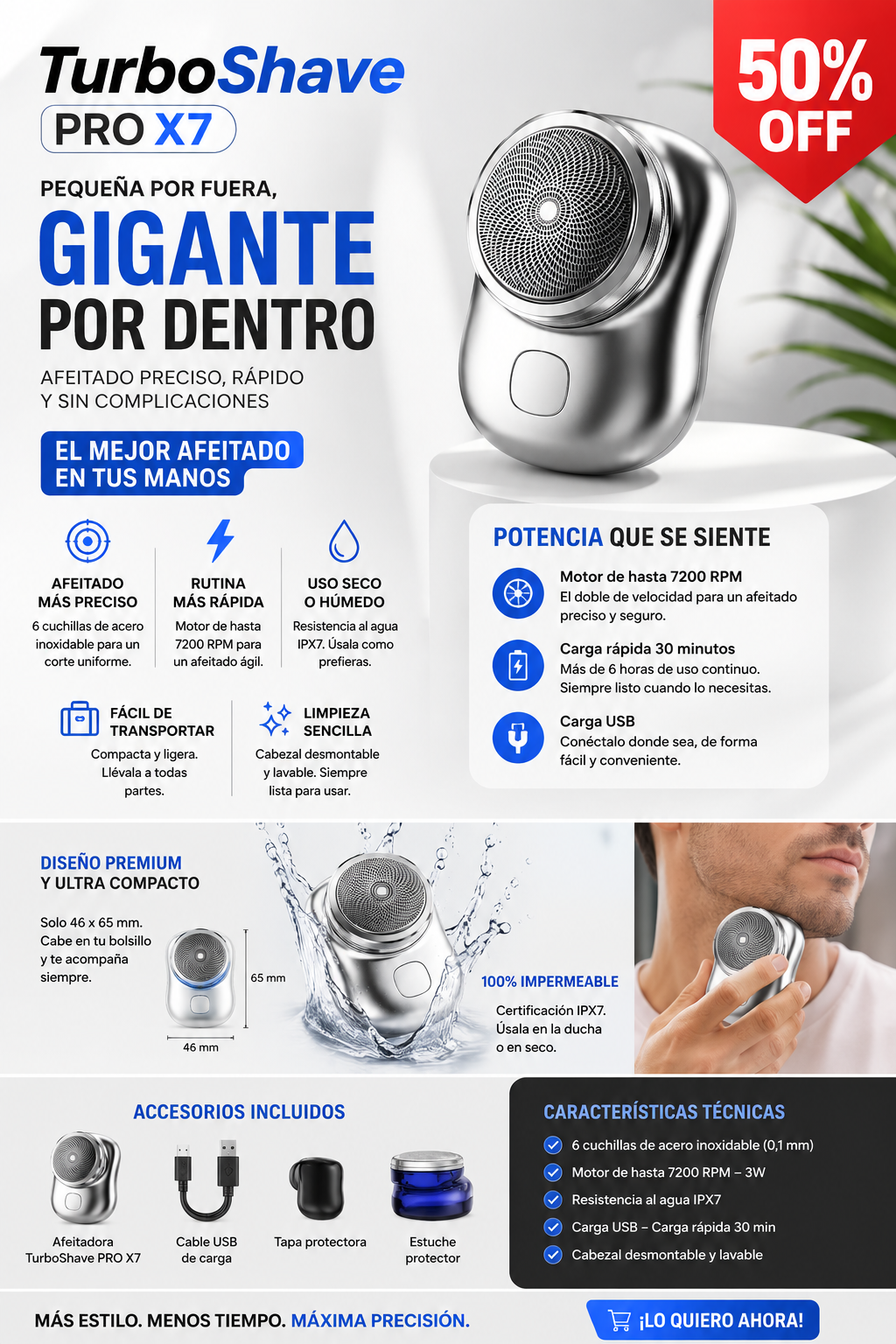 TurboShave PRO X7 Mini Afeitadora Recargable
