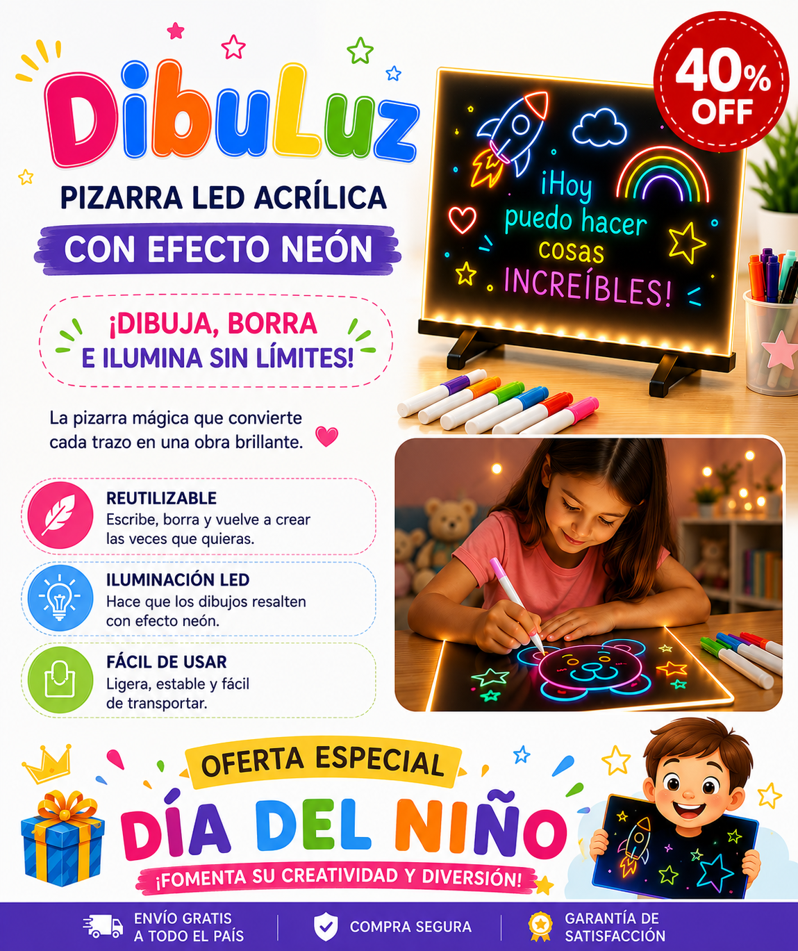 DibuLuz - Pizarra LED Acrílica Creativa con Efecto Neón