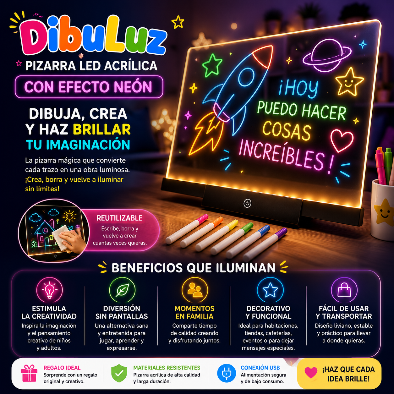 DibuLuz - Pizarra LED Acrílica Creativa con Efecto Neón